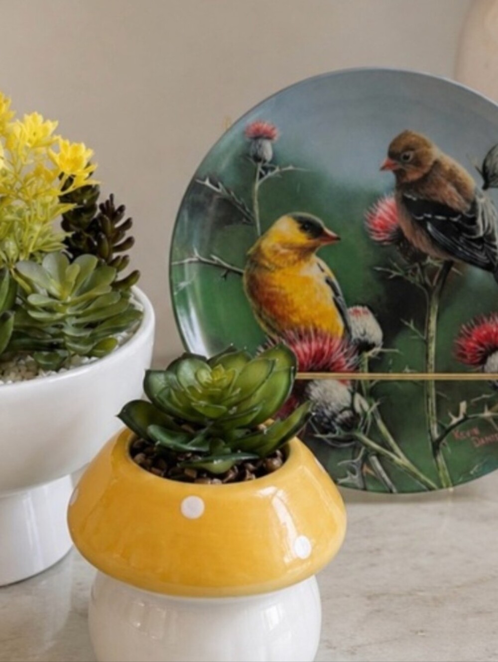 Goldfinch Bundle | Vintage Plate, Stand, and 2 Artificial Succulents